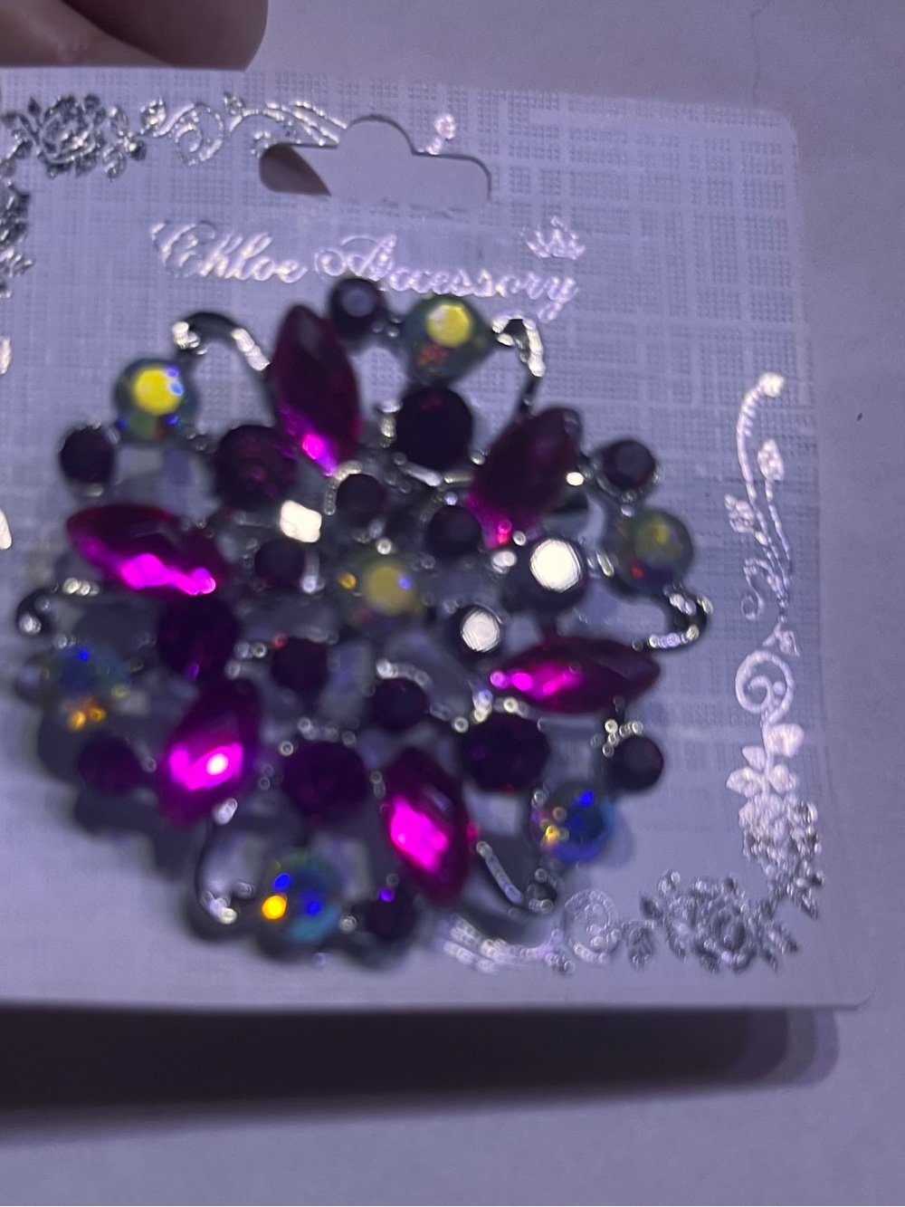 Chloe Fuchsia Crystal Brooch pin Aurora Borealis Silver Brooch